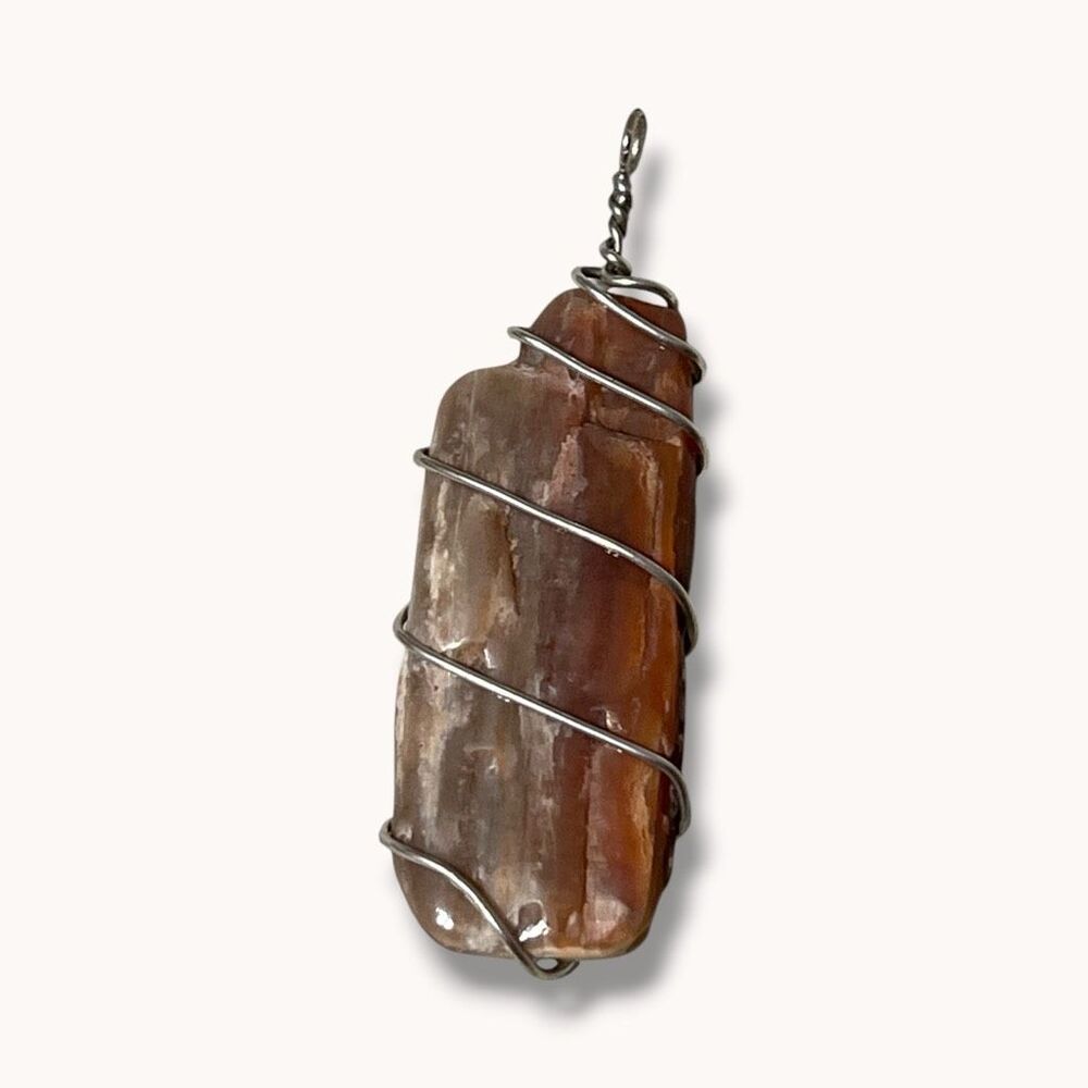 Hand Wrapped Petrified Wood Wire Pendant Brown 2.5”